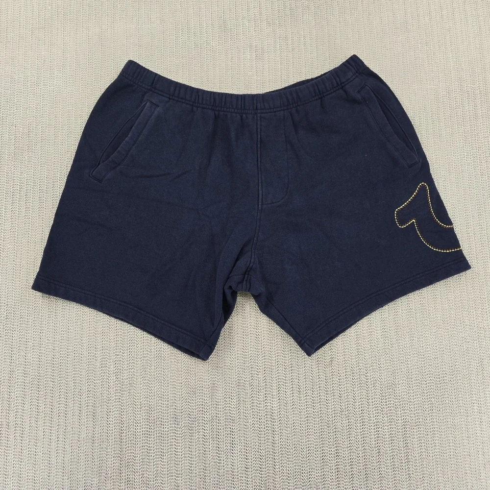 True Religion Shorts Mens XL Blue Fleece Sweat Drawstring Logo Casual Streetwear
